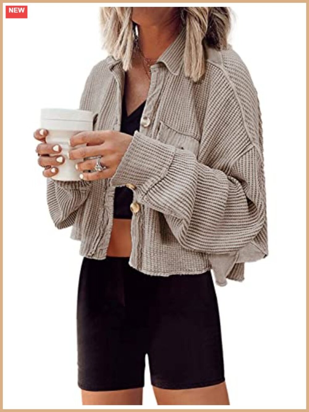 Waffle Knit Cropped Button Down Shacket Womens Oversized Cardigan